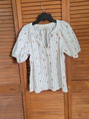 LOFT White Striped Puff-Sleeve Boho Peasant Blouse